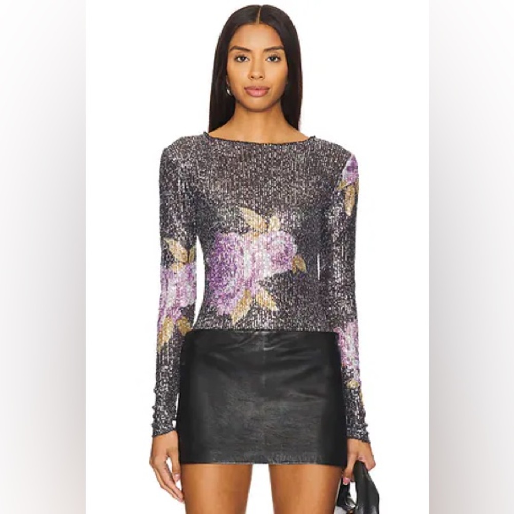 NEW Free People Gold Rush Black and Purple Floral Sequin Long Sleeve Top XS